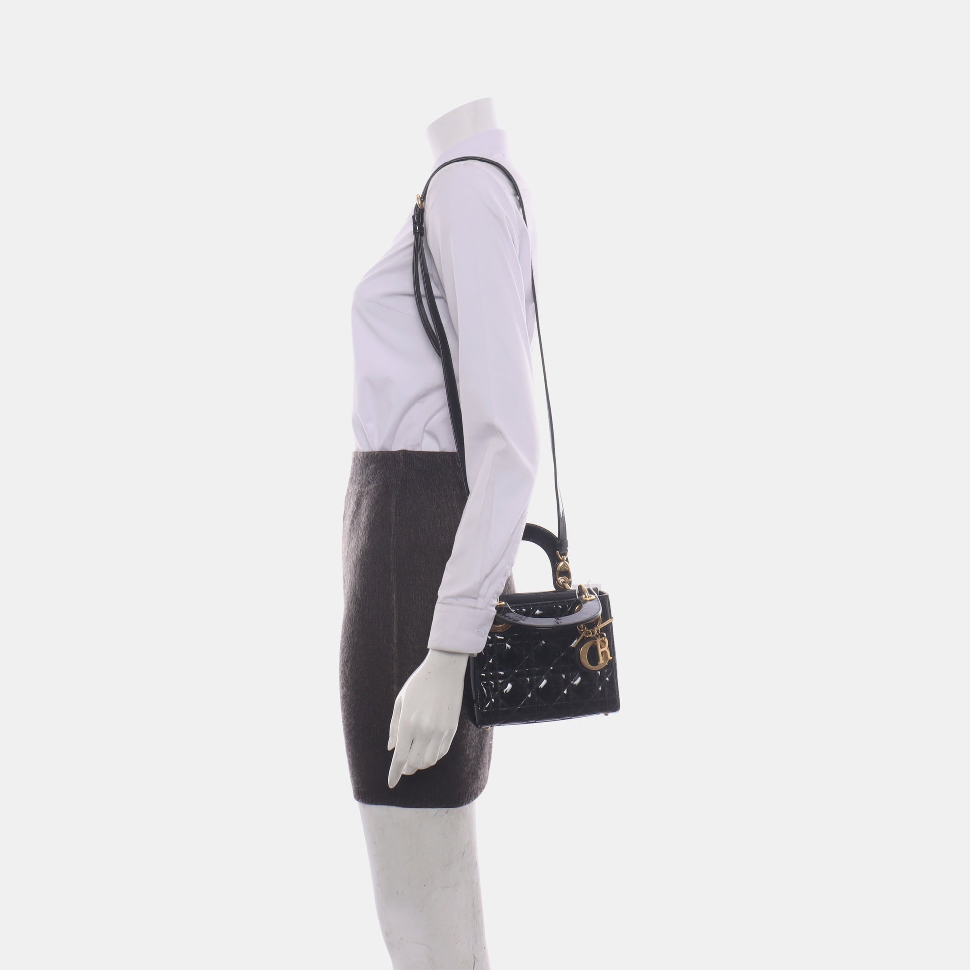 Dior Lady Mini Patent Handbag With Hardware Strap Leather Black Travel Bag