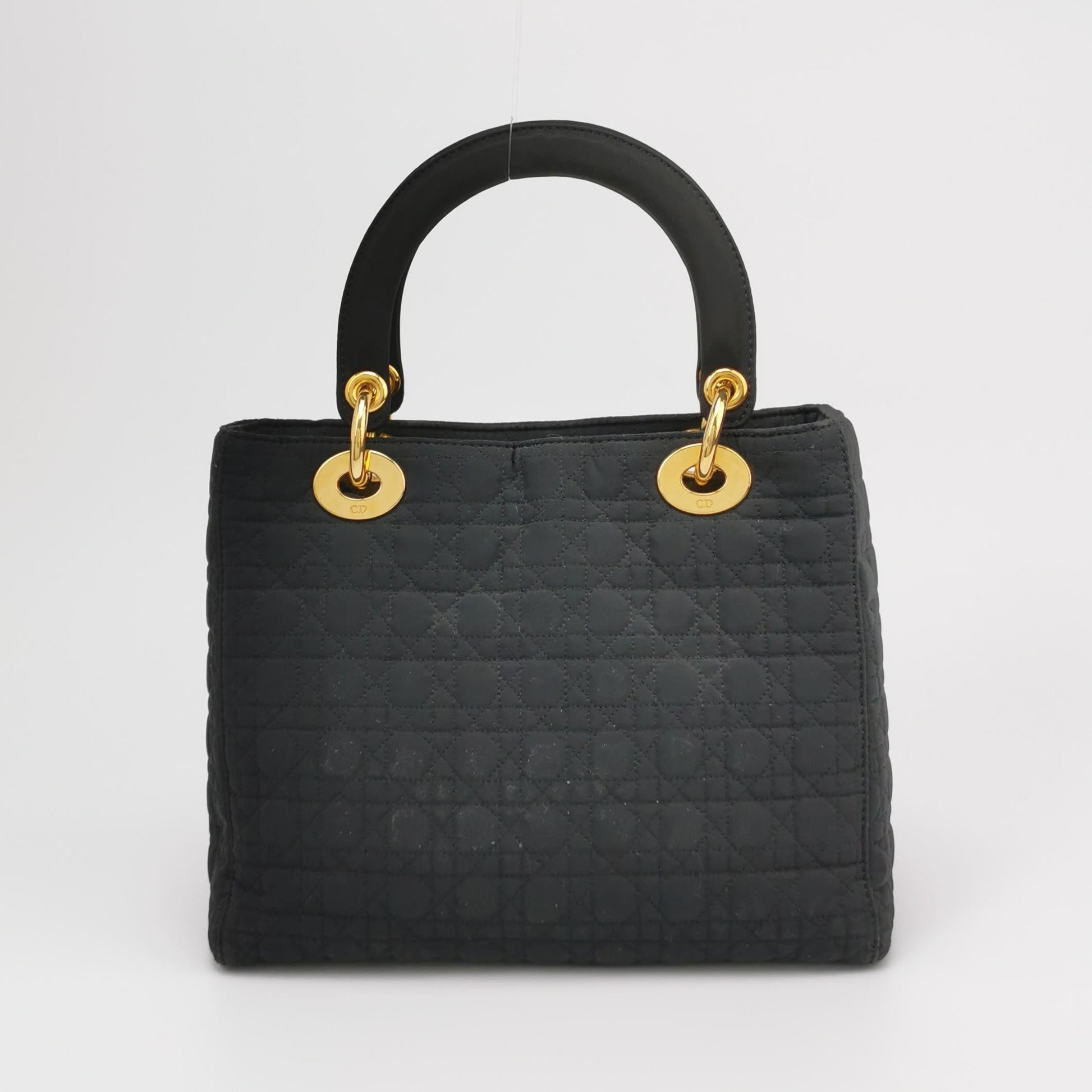 Dior Lady Cloth With Yellow Tone Hardware Handbag Black Gold Travel Bag