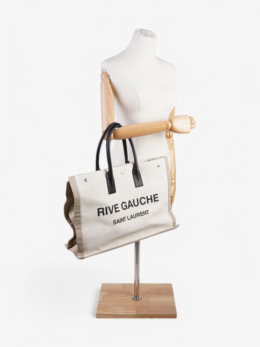 YSL Saint Laurent Rive Gauche Tote Greige Canvas Black White Tote Bag