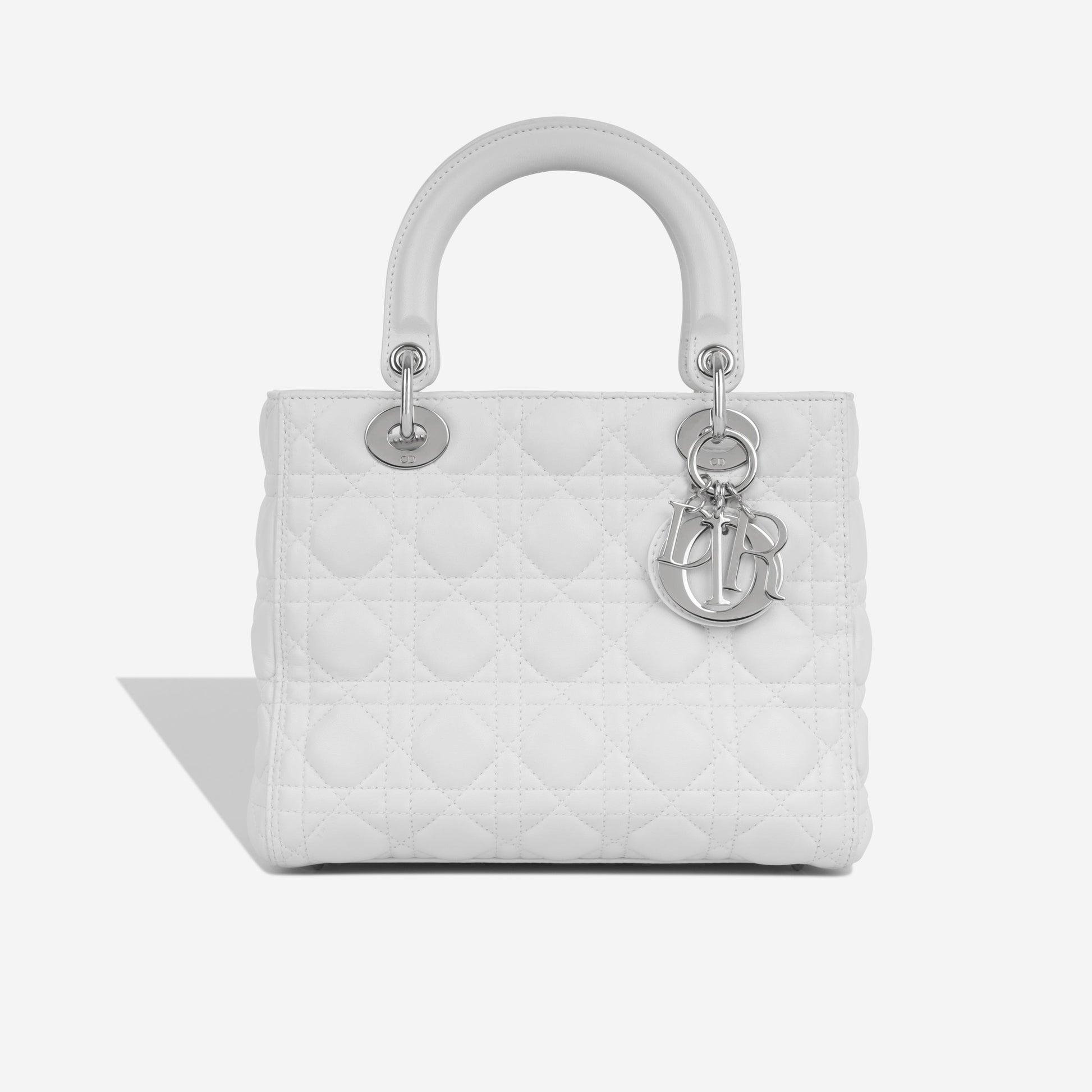 Dior Christian Lady Tote Bag Medium White Lambskin Silver