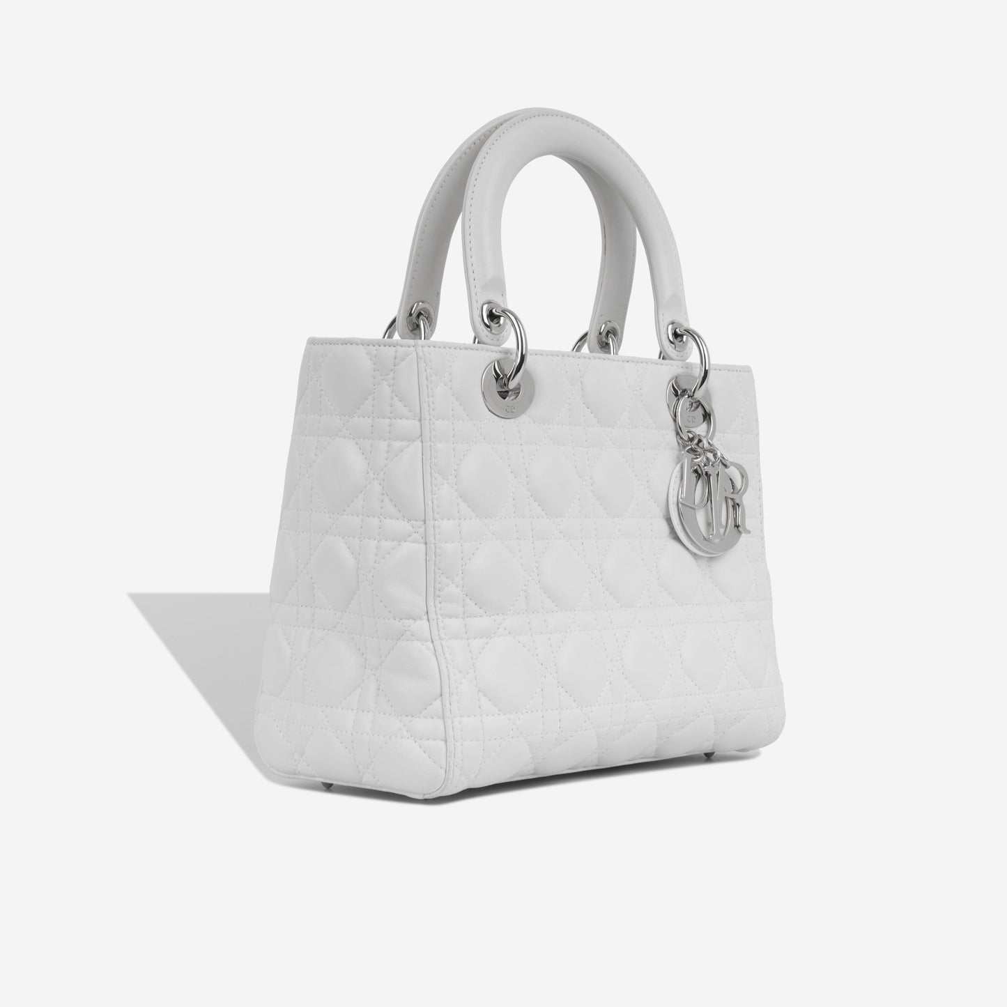 Dior Christian Lady Tote Bag Medium White Lambskin Silver