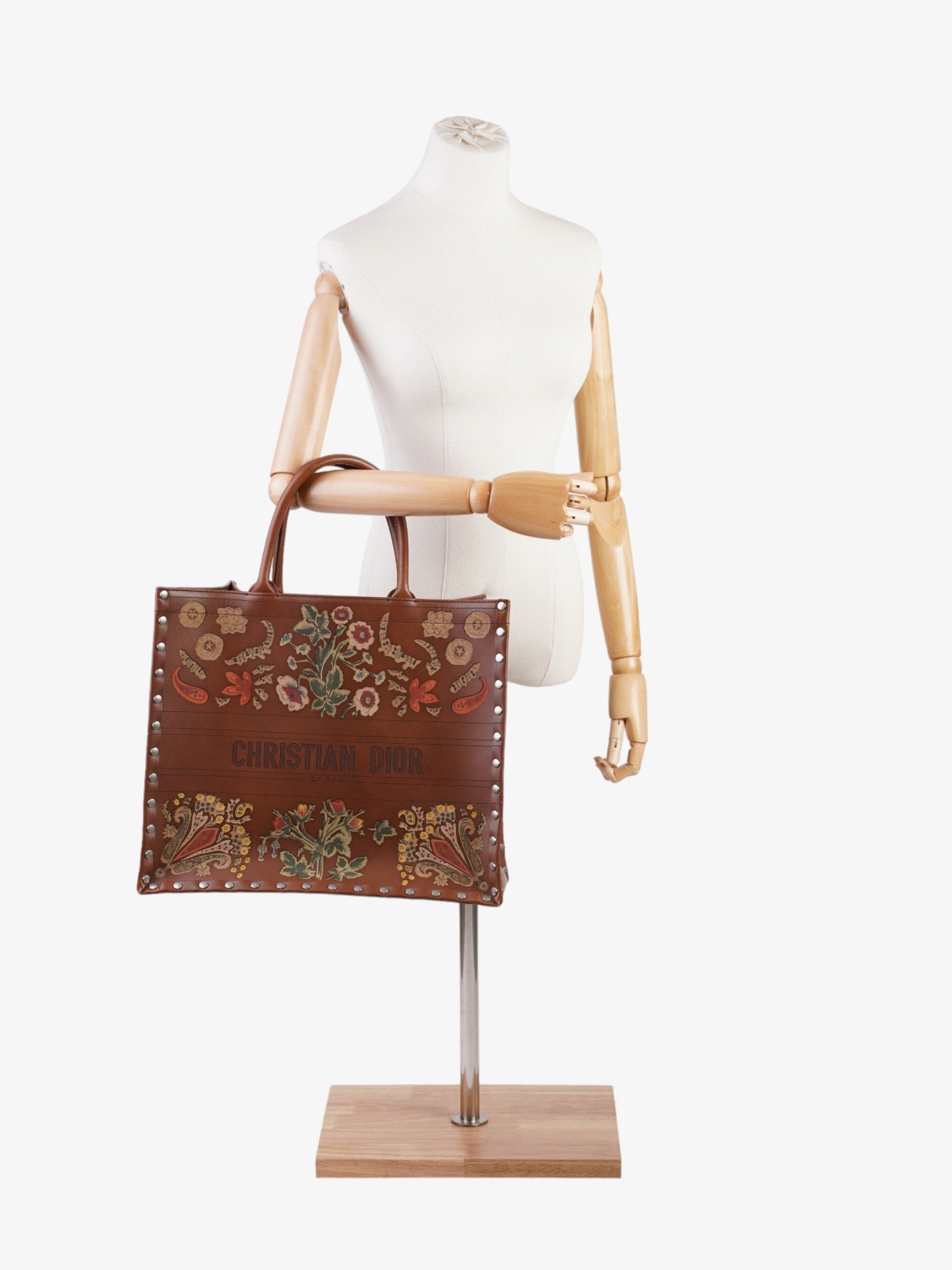 Dior Christian Book Tote Floral Leather Brown Large Tote Bag