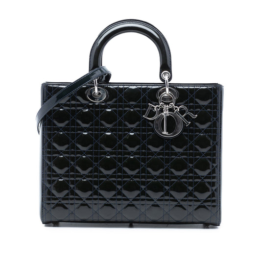 Dior Handbag Cannage Lady Satchel Patent Blue Large Satchel Bag