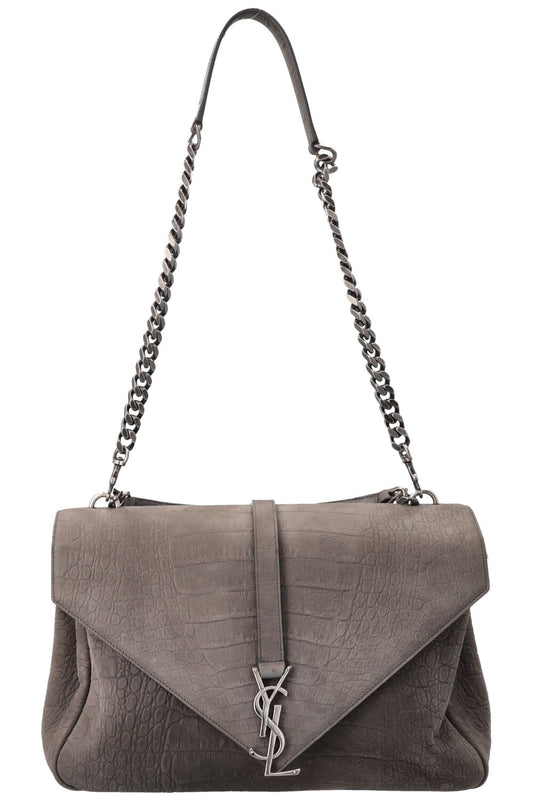 YSL Saint Laurent Croc College Bag Grey Gray Embossed Handbag