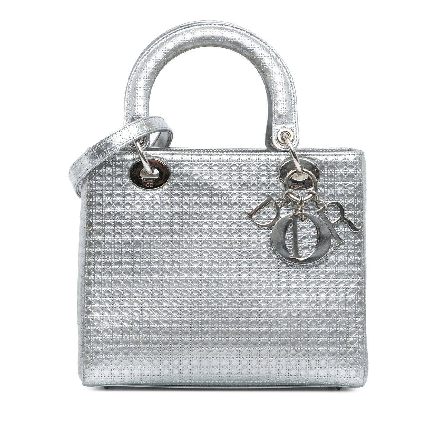 Dior Handbag Metallic Microcannage Lady Satchel Patent Silver Medium Satchel Bag