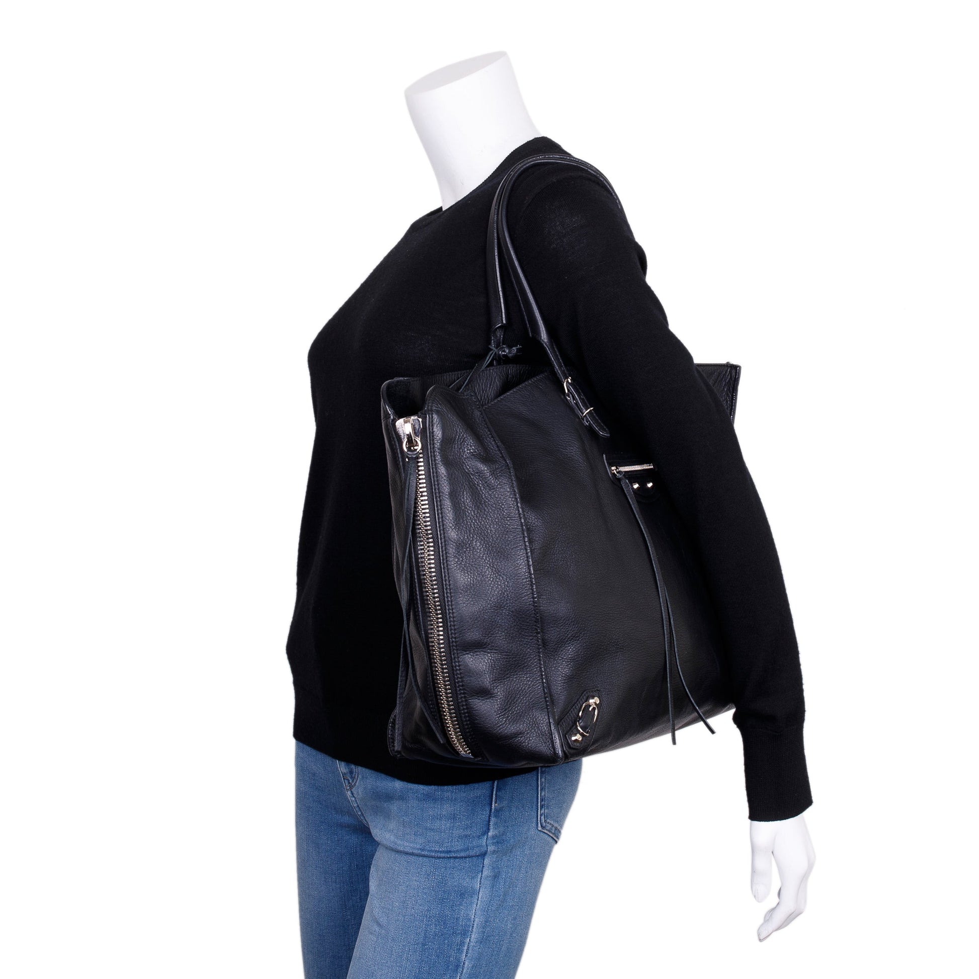 Balenciaga Calfskin Papier Zip Around Tote Leather Black Tote Bag