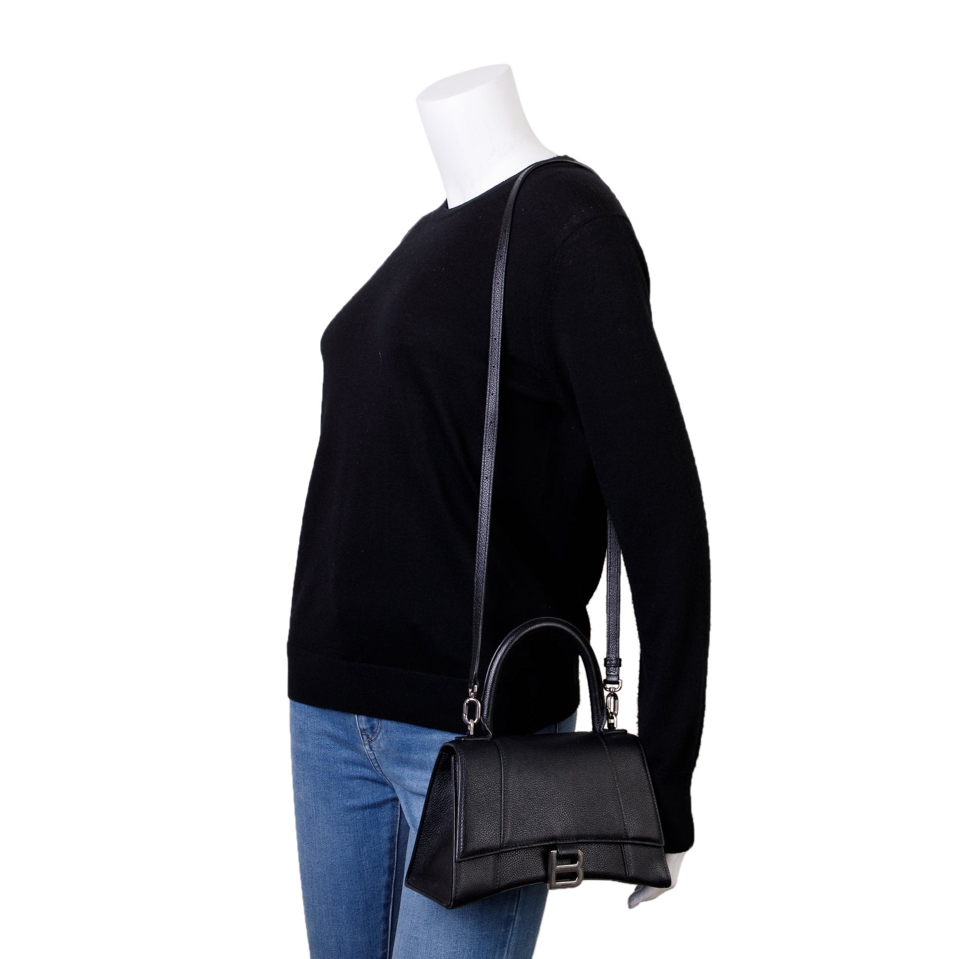 Balenciaga Calfskin Hourglass Top Handle Bag Leather Black Travel Bag