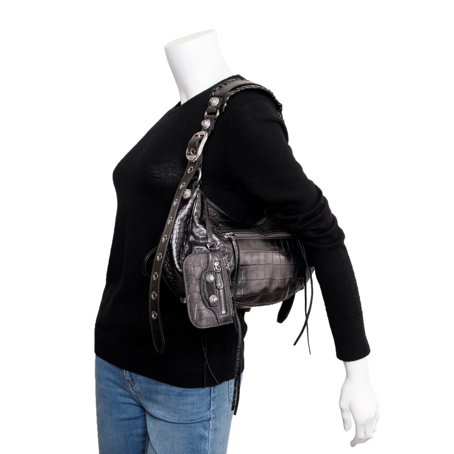Balenciaga Croc Embossed Arena Rhinestones Le Cagole Shoulder Leather Black Shoulder Bag