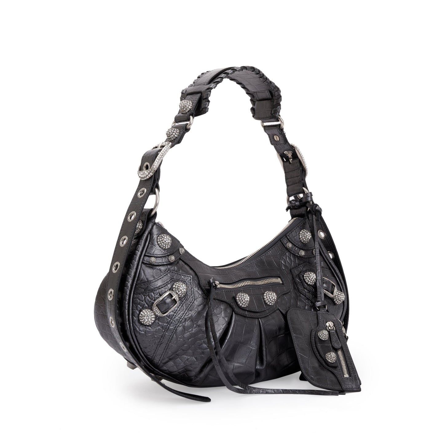 Balenciaga Croc Embossed Arena Rhinestones Le Cagole Shoulder Leather Black Shoulder Bag