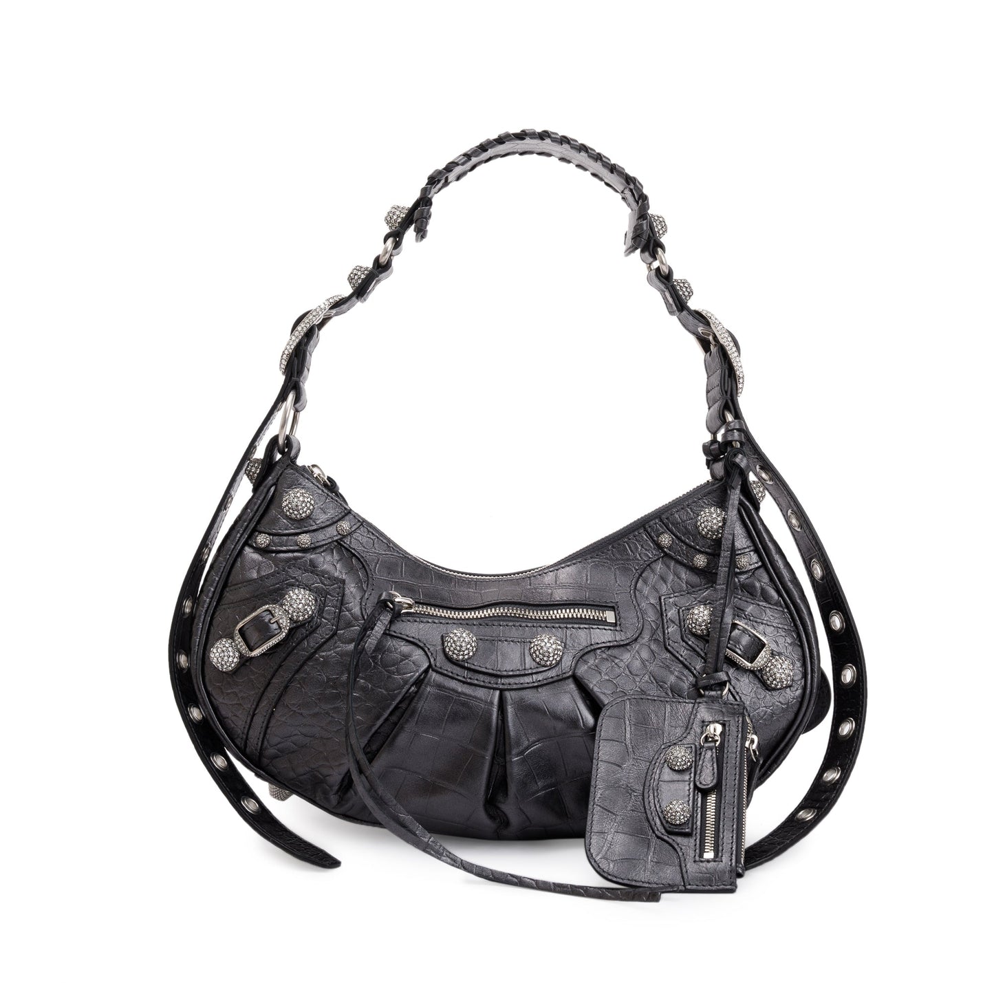 Balenciaga Croc Embossed Arena Rhinestones Le Cagole Shoulder Leather Black Shoulder Bag