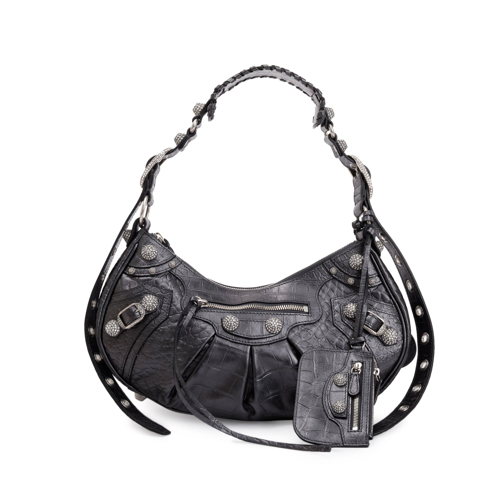 Balenciaga Croc Embossed Arena Rhinestones Le Cagole Shoulder Leather Black Shoulder Bag