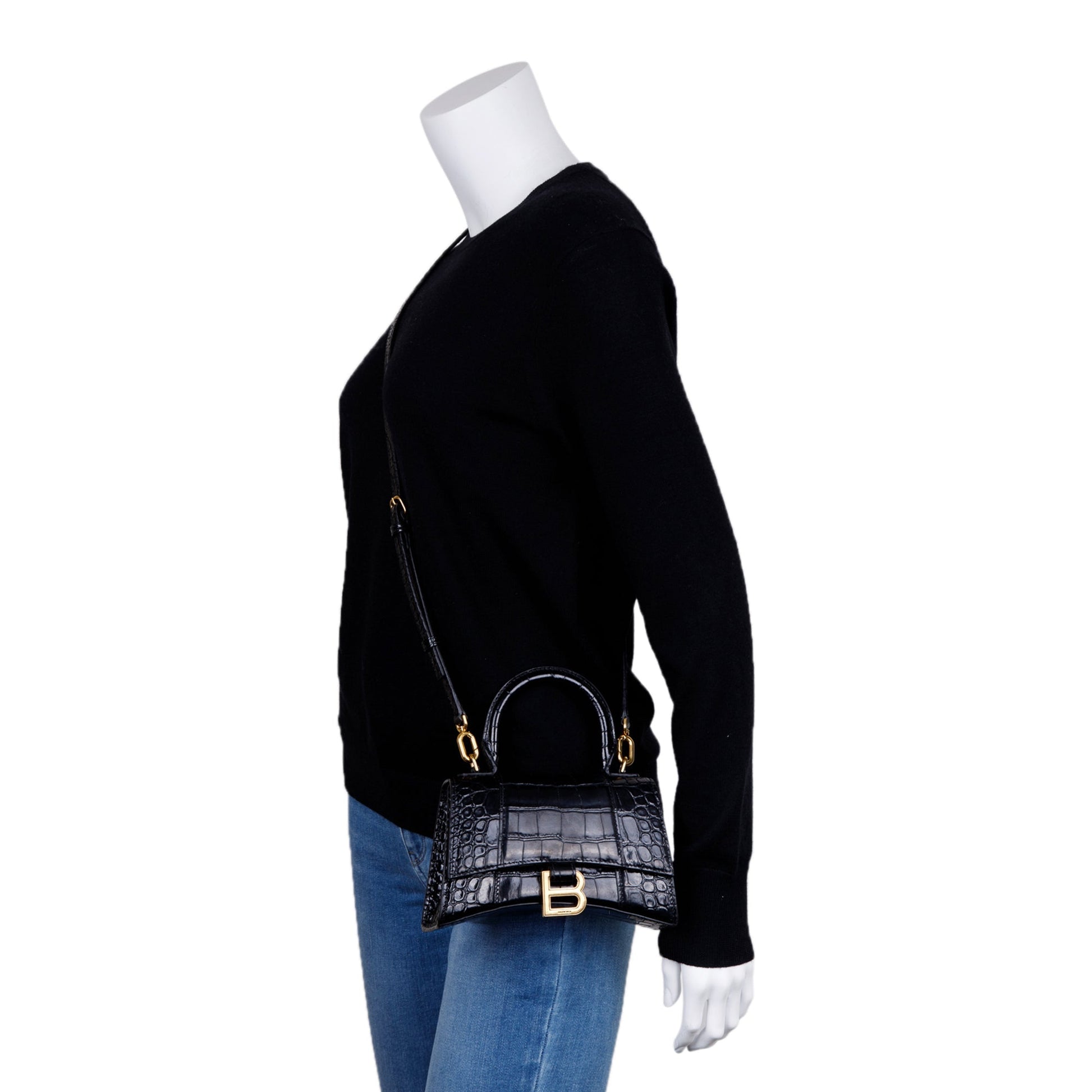 Balenciaga Croc Embossed Hourglass Xs Top Handle Bag Black Travel Bag