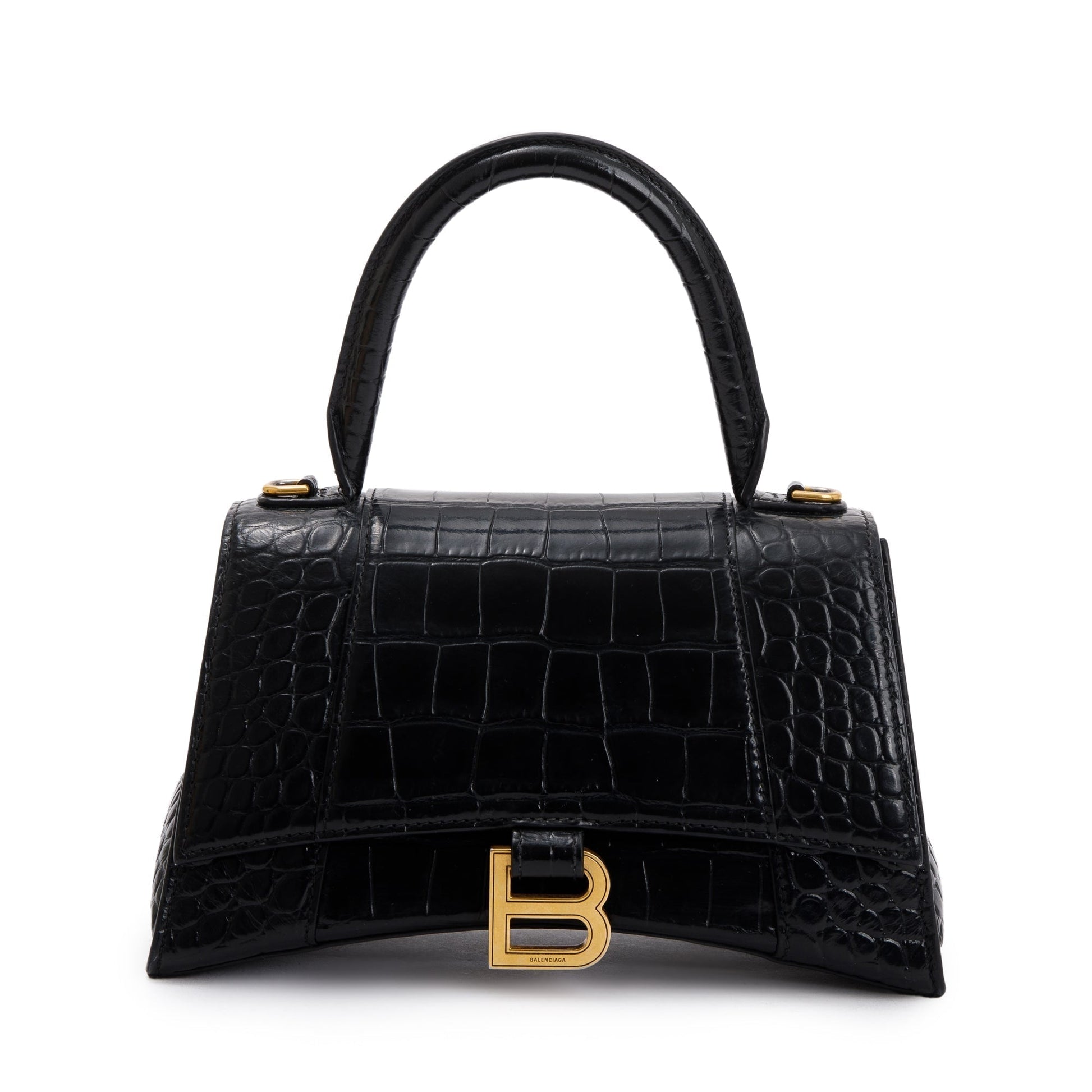 Balenciaga Croc Embossed Hourglass Top Handle Bag Leather Black Travel Bag