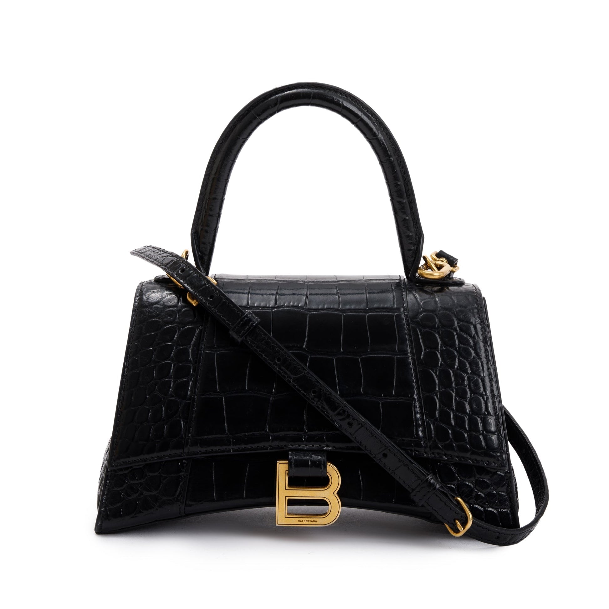 Balenciaga Croc Embossed Hourglass Top Handle Bag Leather Black Travel Bag