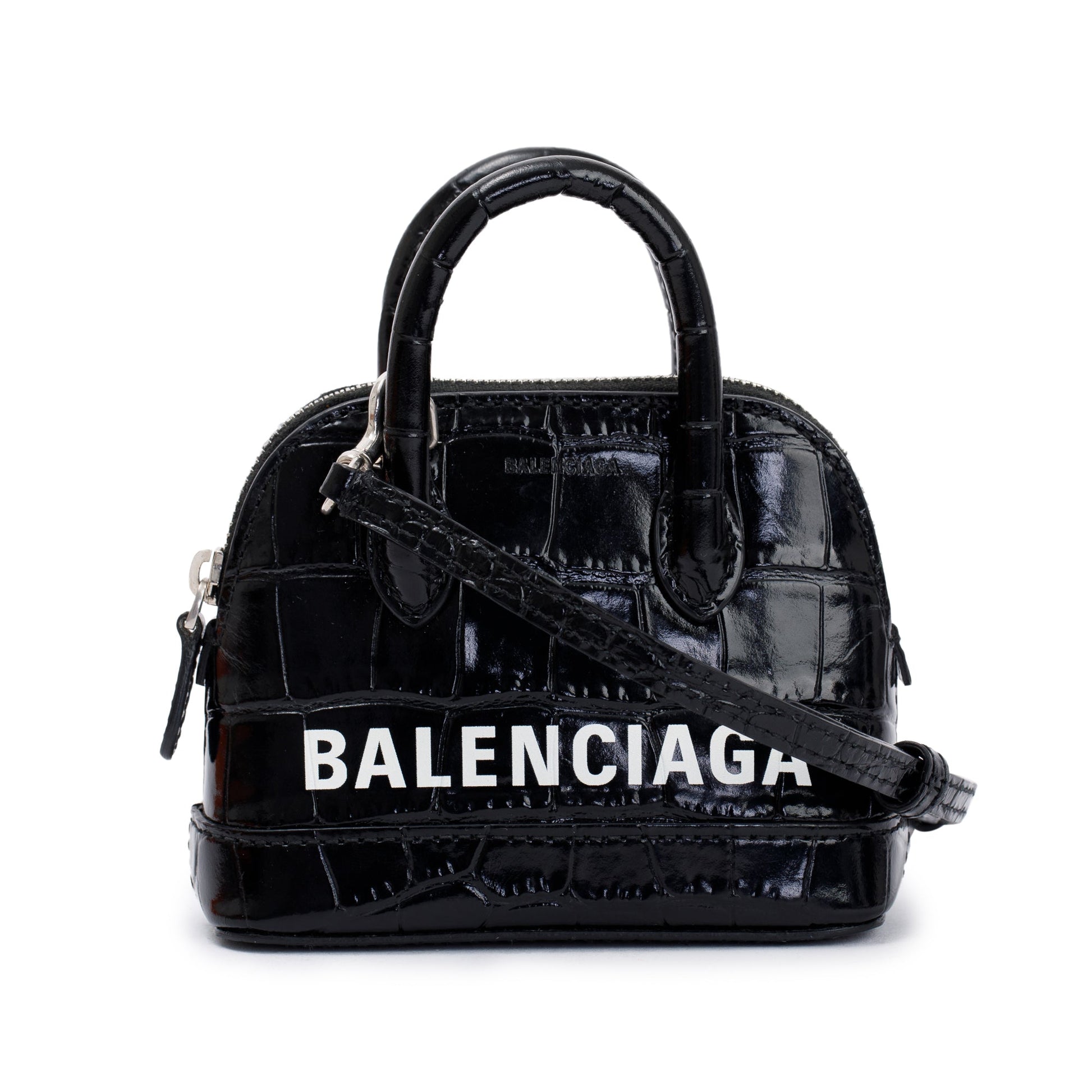 Balenciaga Crocodile Embossed Ville Top Handle Bag Black Mini Travel Bag