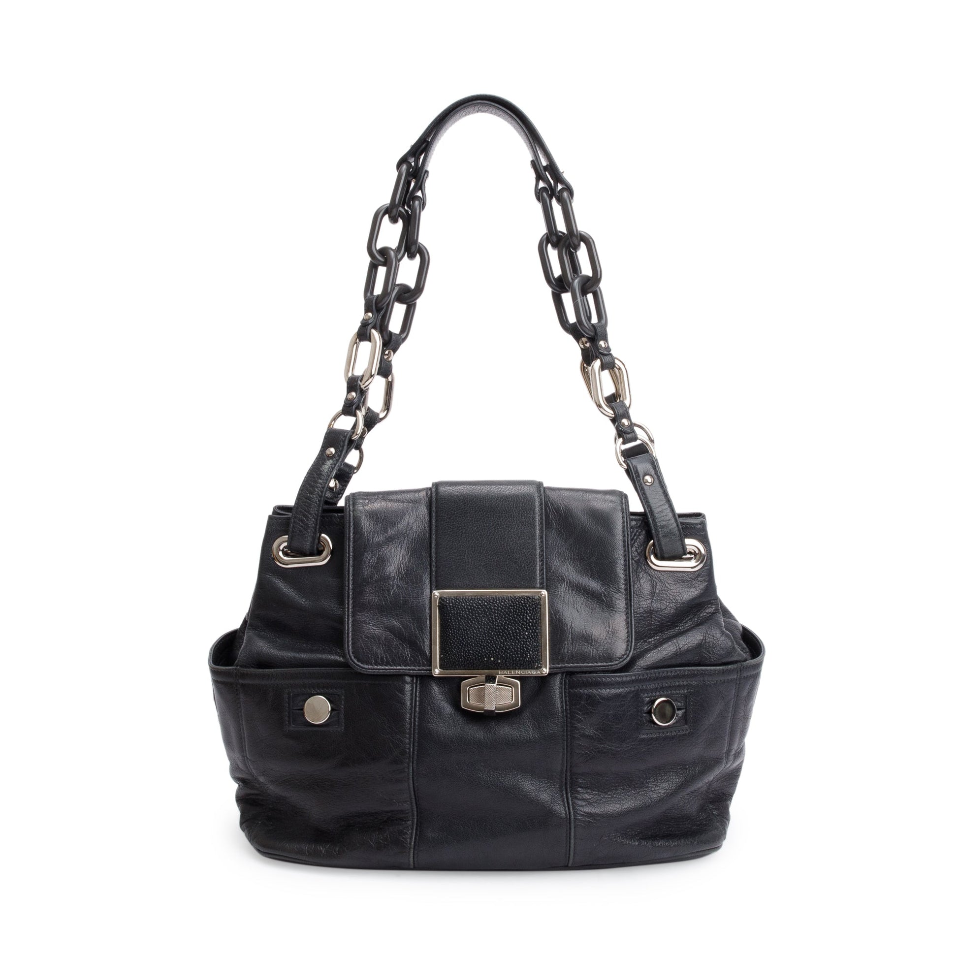 Balenciaga Goatskin Stingray Cherche Link Shoulder Bag Leather Black