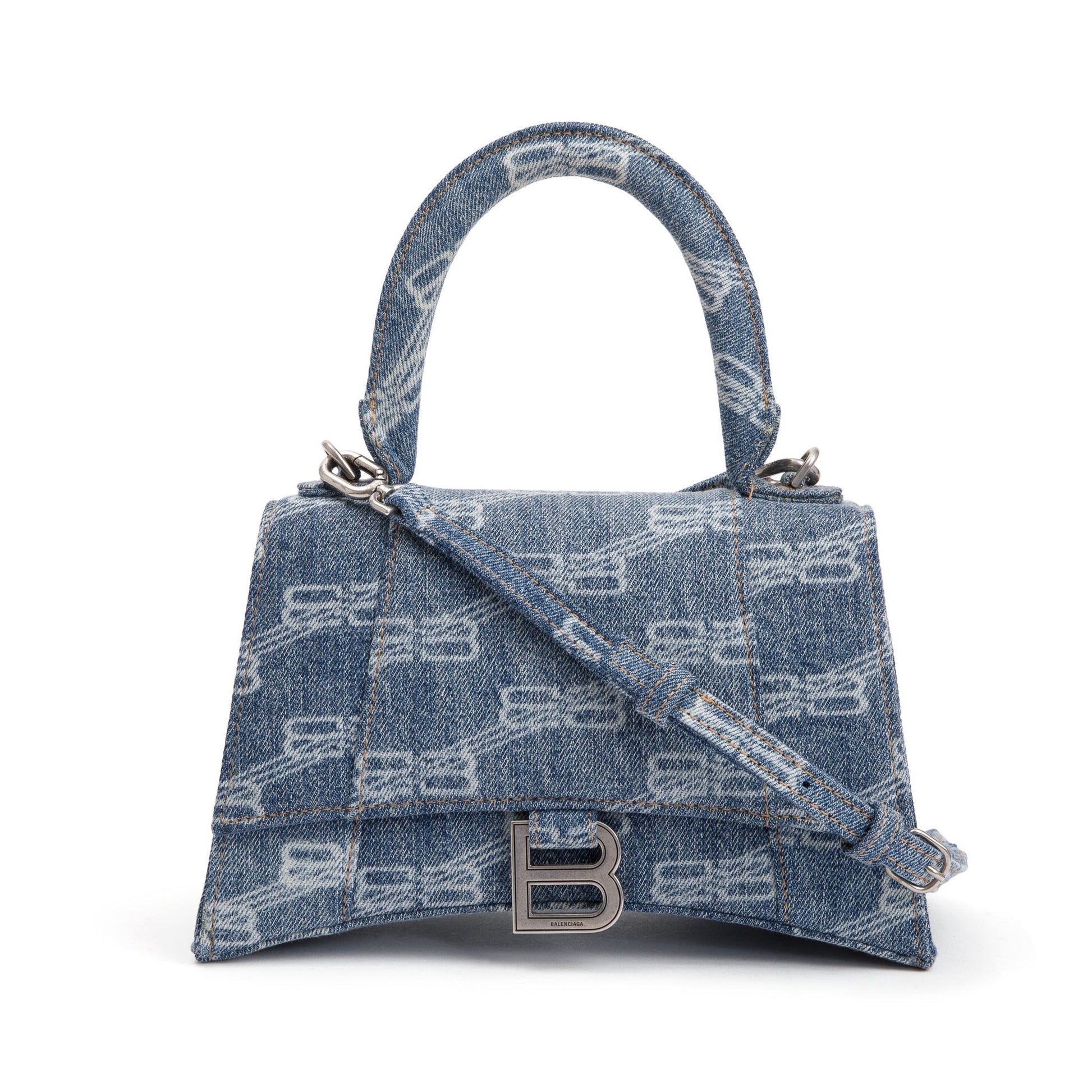 Balenciaga Bb Small Hourglass Top Handle Bag Denim Monogram Travel Bag