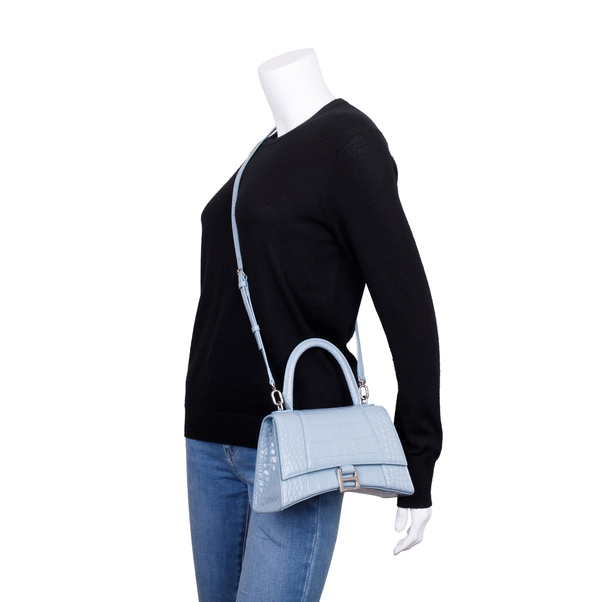 Balenciaga Grey Croc Embossed Calfskin Hourglass Top Handle Leather Blue Travel Bag