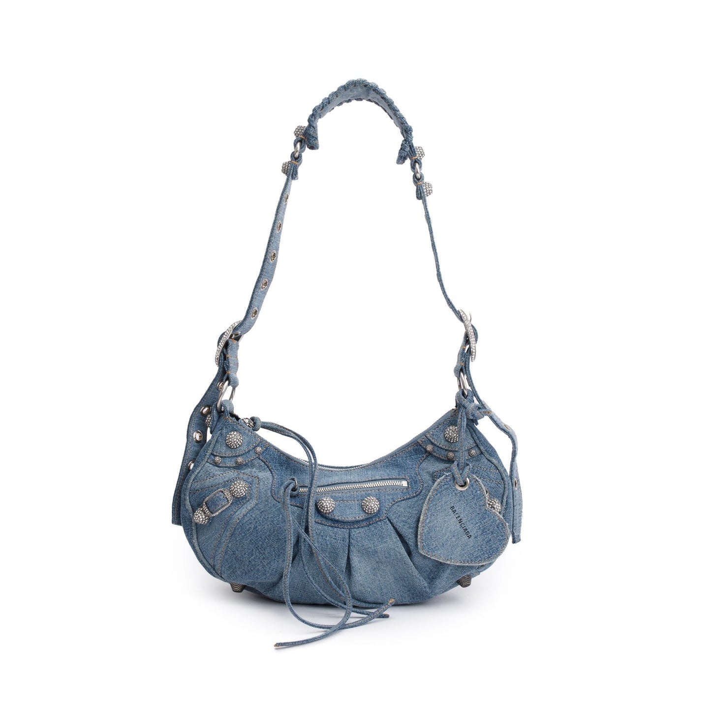 Balenciaga Washed Frayed Rhinestone Le Cagole Shoulder Bag Denim Blue