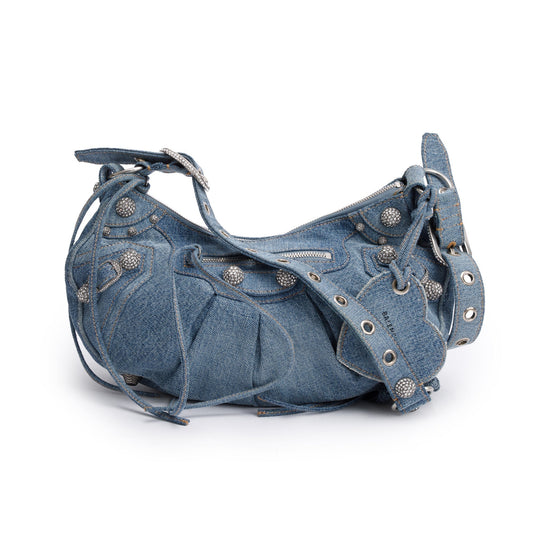 Balenciaga Washed Frayed Rhinestone Le Cagole Shoulder Bag Denim Blue