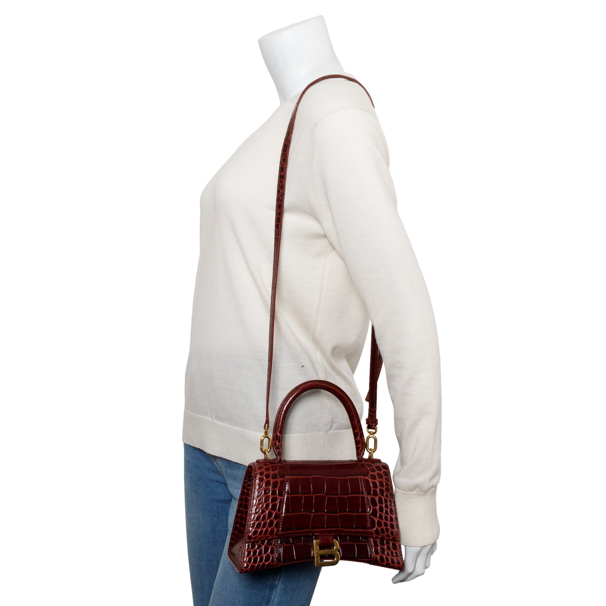 Balenciaga Burgundy Croc Embossed Hourglass Top Handle Bag Leather Small Travel Bag