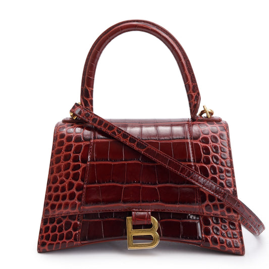 Balenciaga Burgundy Croc Embossed Hourglass Top Handle Bag Leather Small Travel Bag