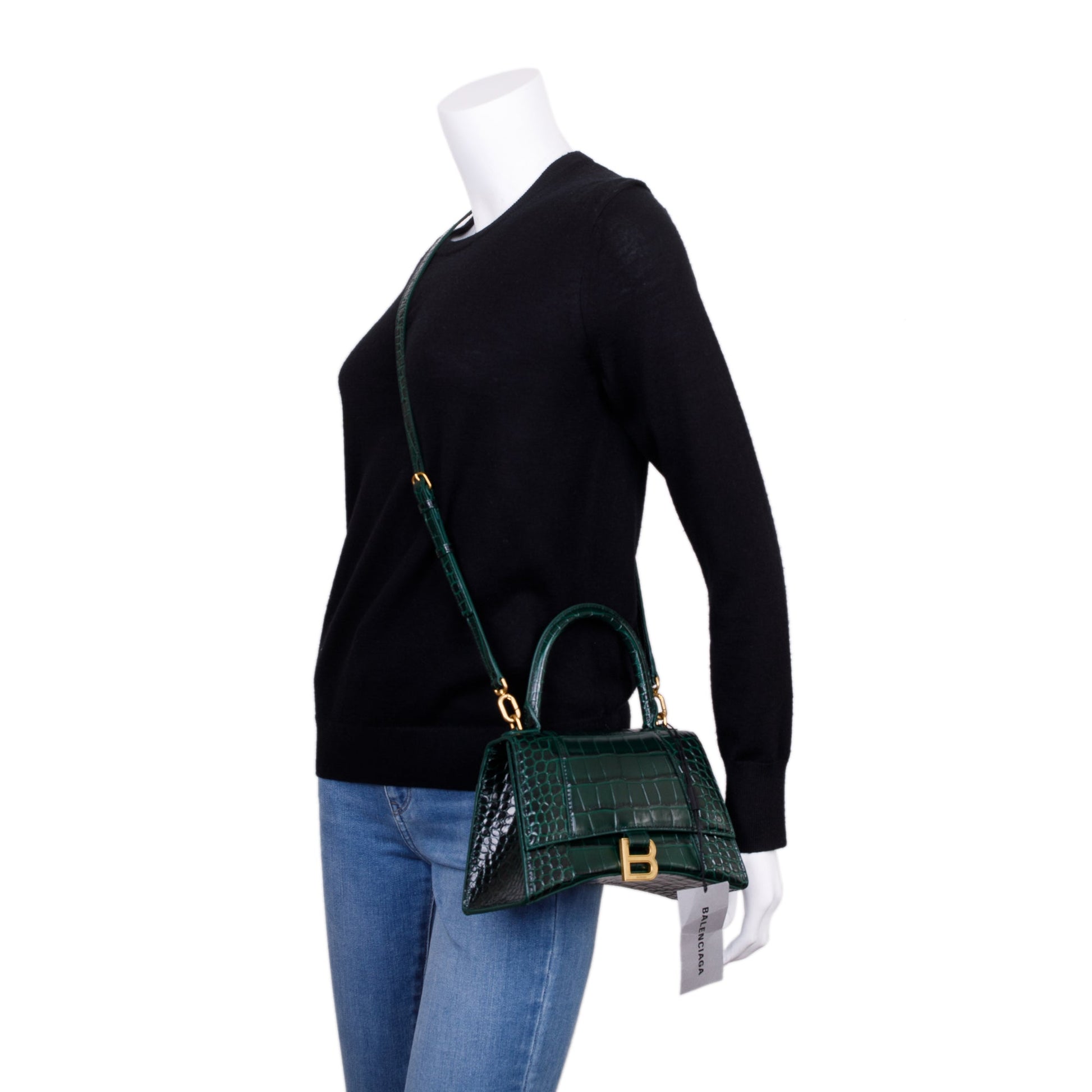 Balenciaga Croc Embossed Calfskin Hourglass Top Handle Bag Leather Green Travel Bag