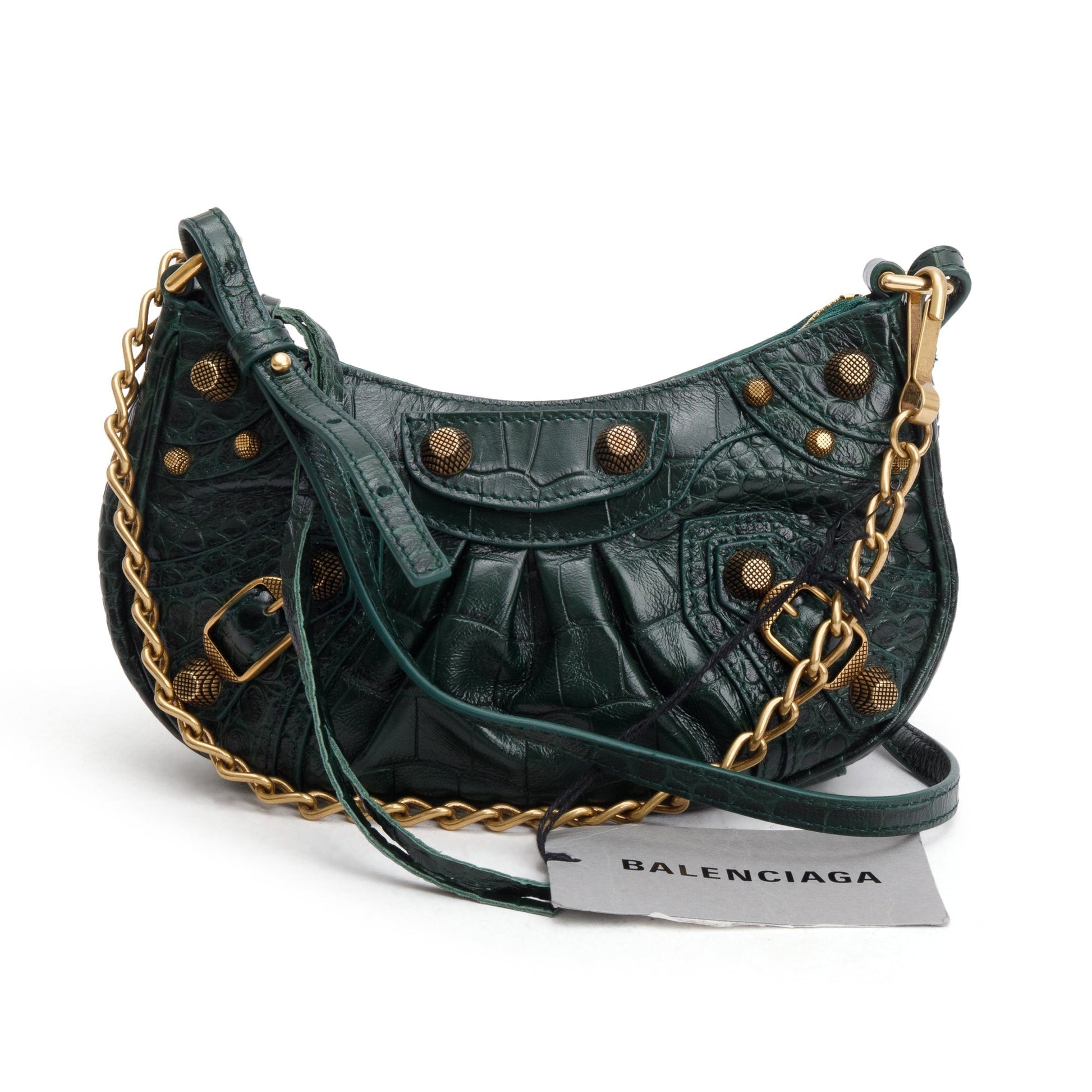 Balenciaga Crocodile Embossed Le Cagole Crossbody With Chain Leather Green Crossbody Bag