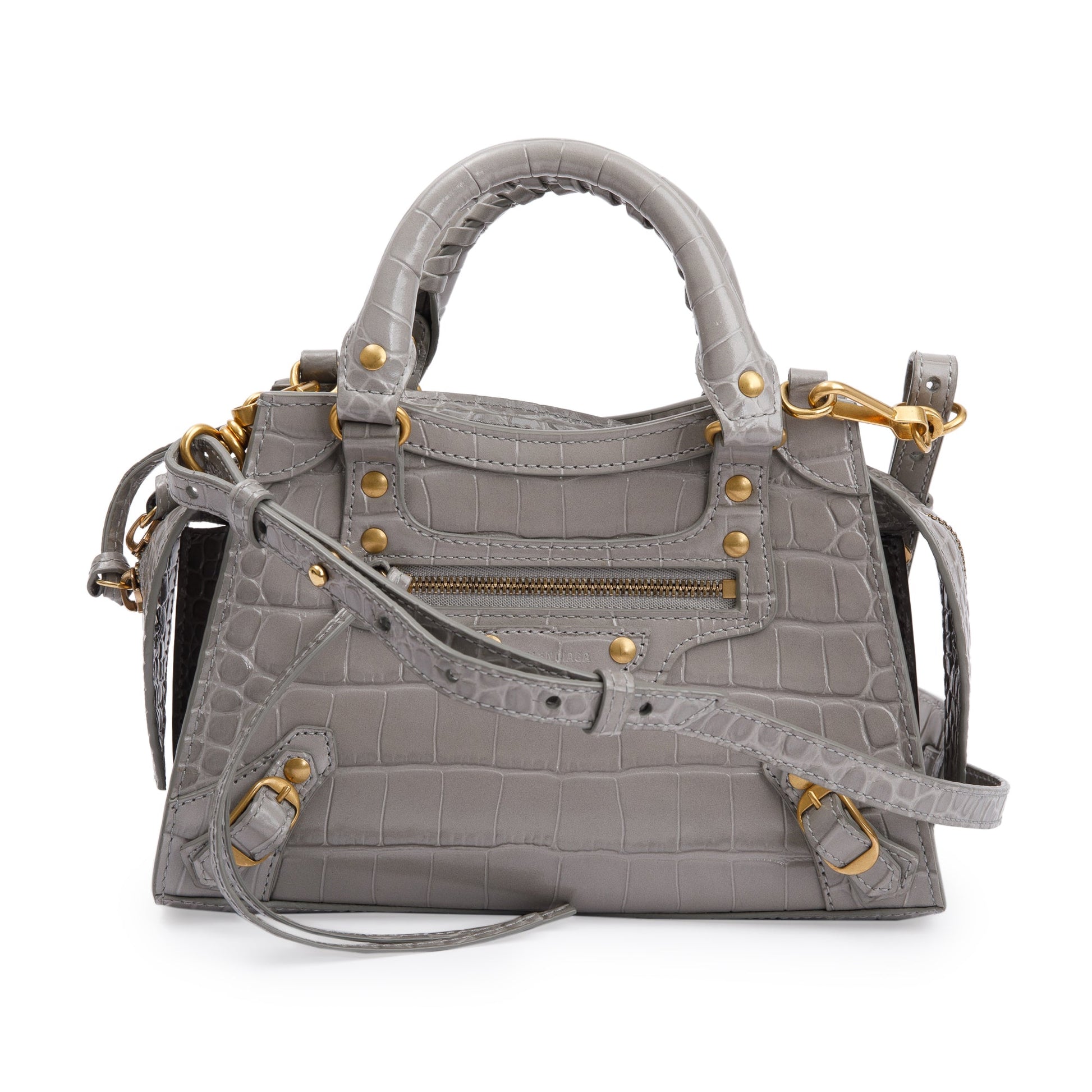 Balenciaga Grey Crocodile Embossed Calfskin Neo Classic Top Leather Mini Travel Bag