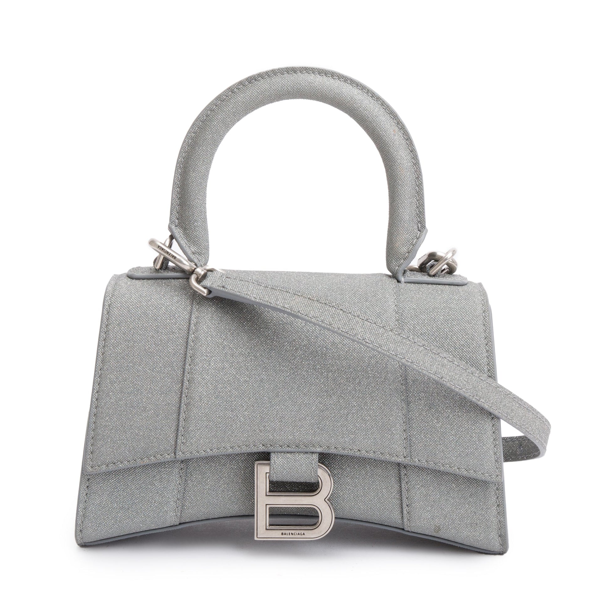 Balenciaga Grey Glitter Fabric Xs Hourglass Top Handle Travel Bag
