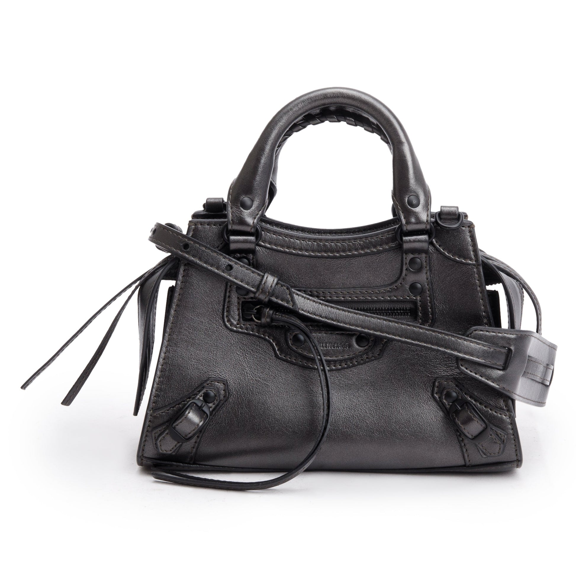 Balenciaga Grey Metallic Calfskin Neo Classic Top Handle Leather Mini Travel Bag
