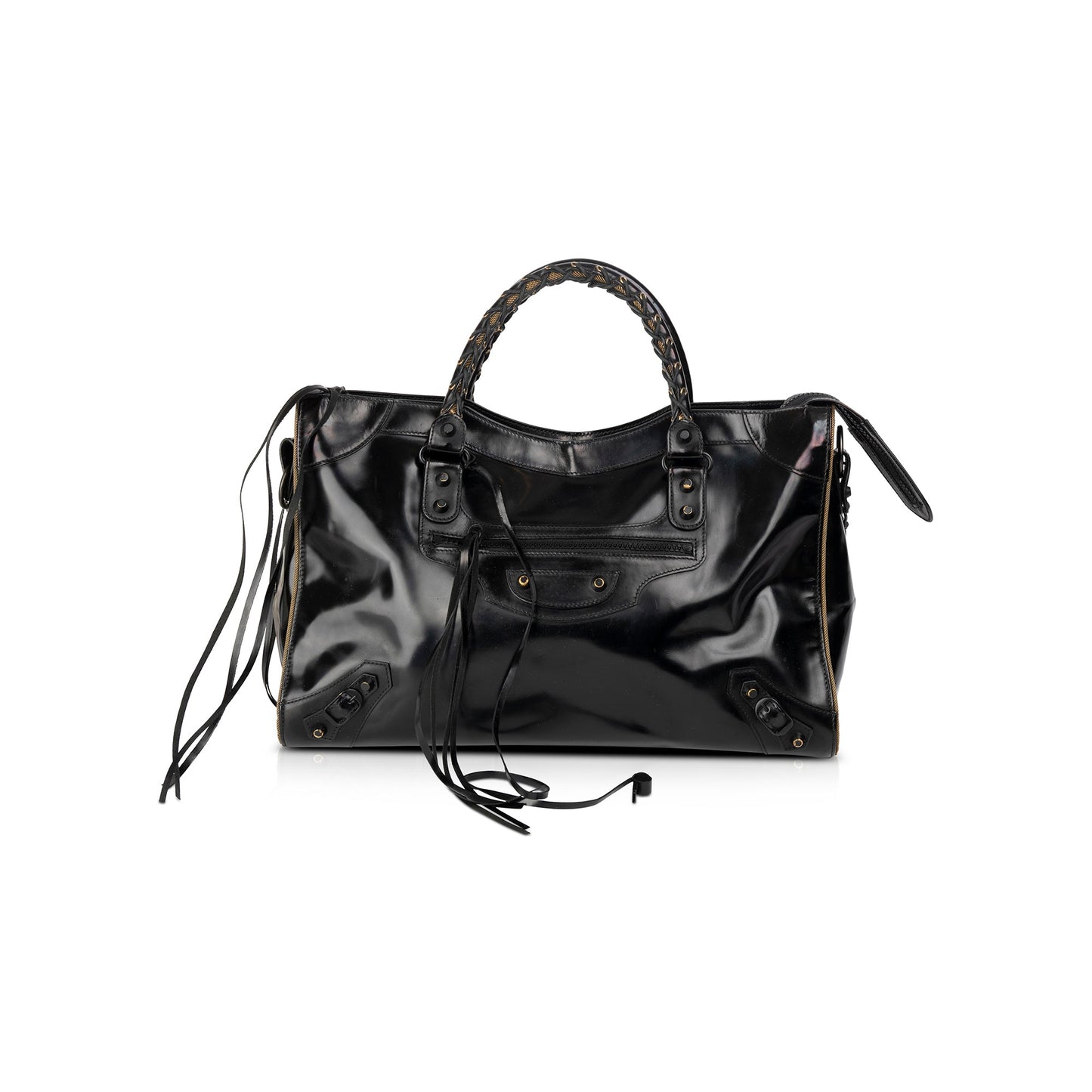 Balenciaga Motocross Glazed Calfskin City Bag Leather Black Travel Bag
