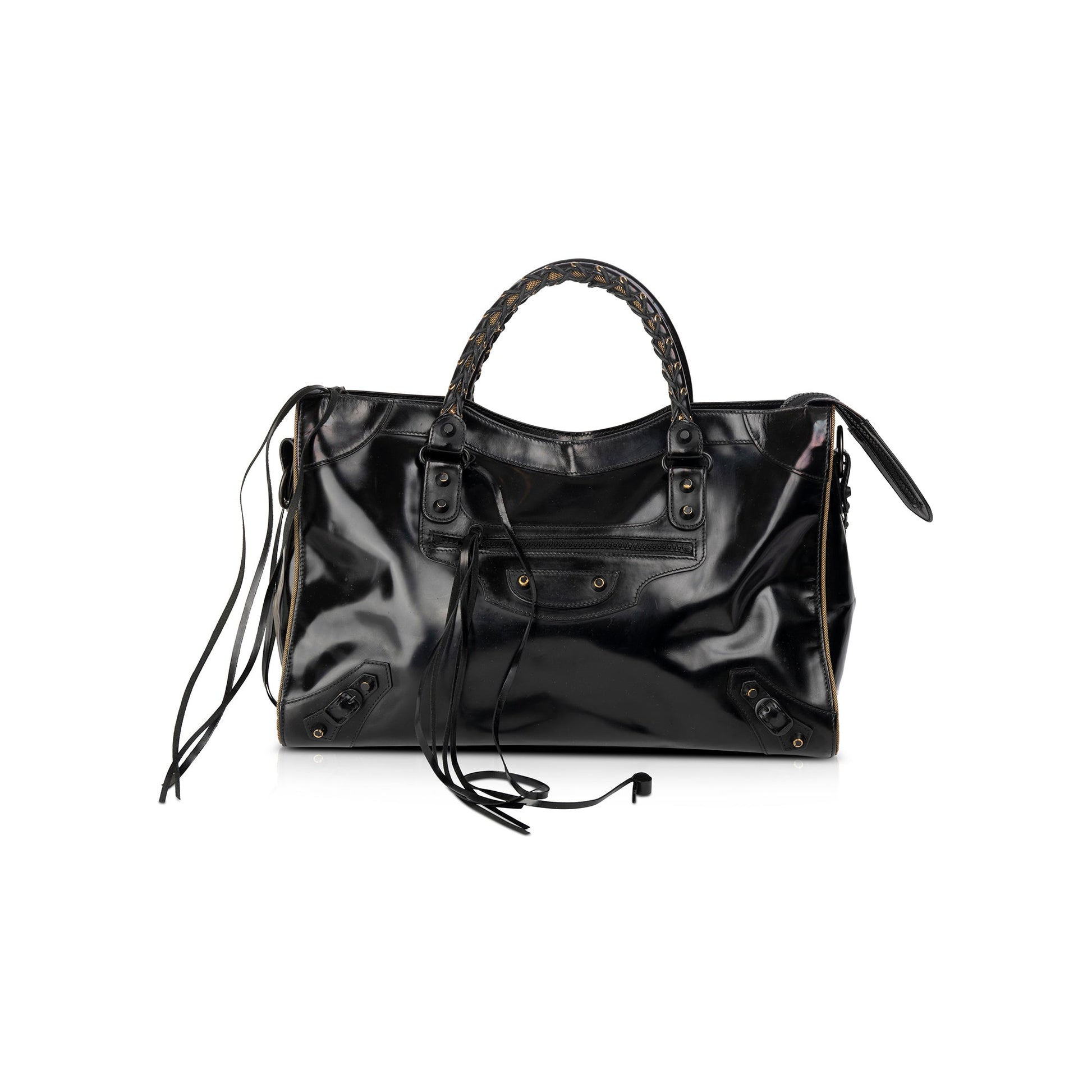 Balenciaga Motocross Glazed Calfskin City Bag Leather Black Travel Bag