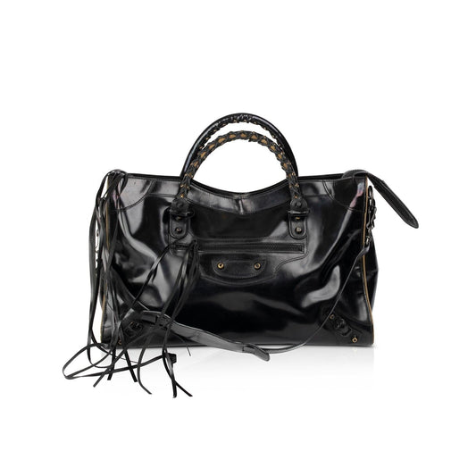 Balenciaga Motocross Glazed Calfskin City Bag Leather Black Travel Bag