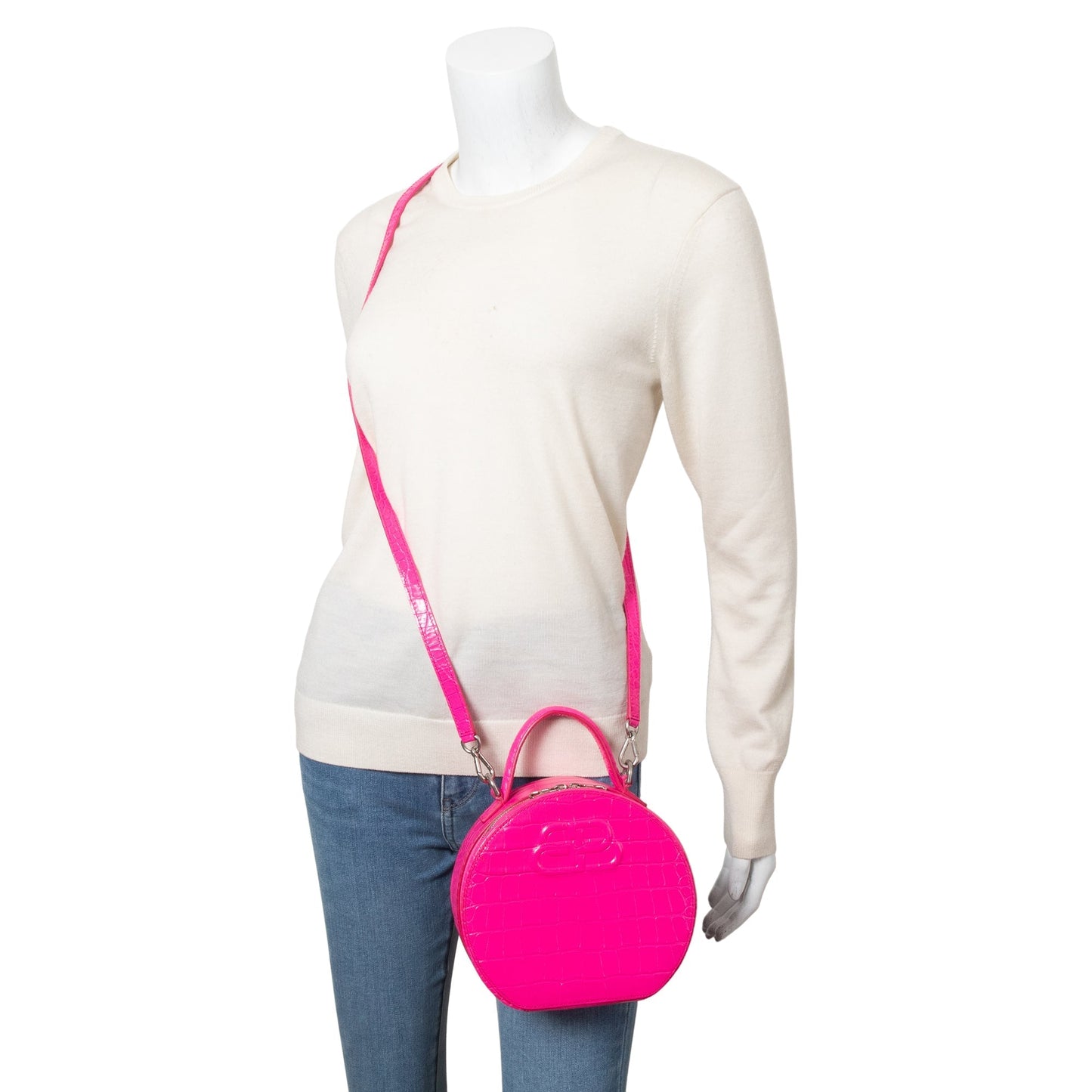 Balenciaga Croc Embossed Bb Vanity Round Crossbody Leather Pink Crossbody Bag