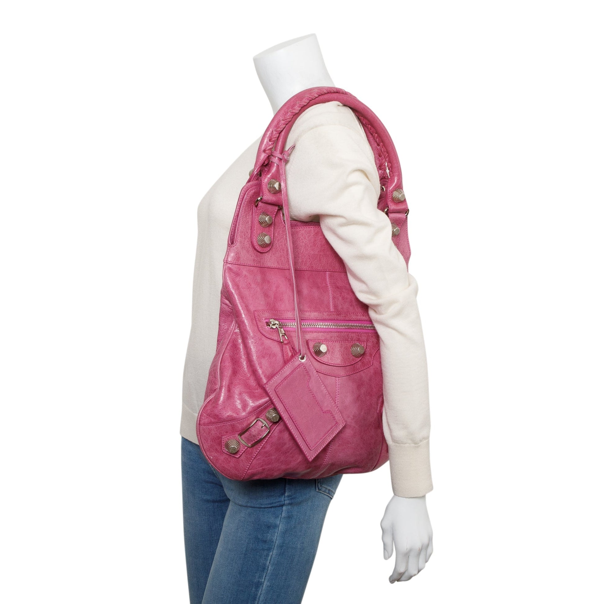 Balenciaga Distressed Arena Motocross Giant Slim Hobo Bag Leather Pink Travel Bag