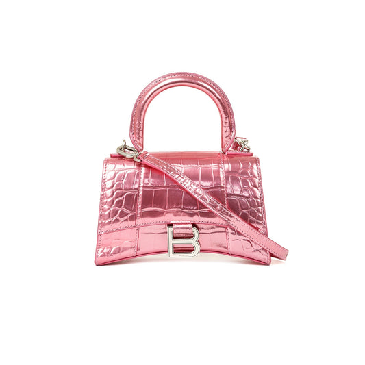 Balenciaga Metallic Croc Embossed Hourglass Xs Top Handle Pink Travel Bag
