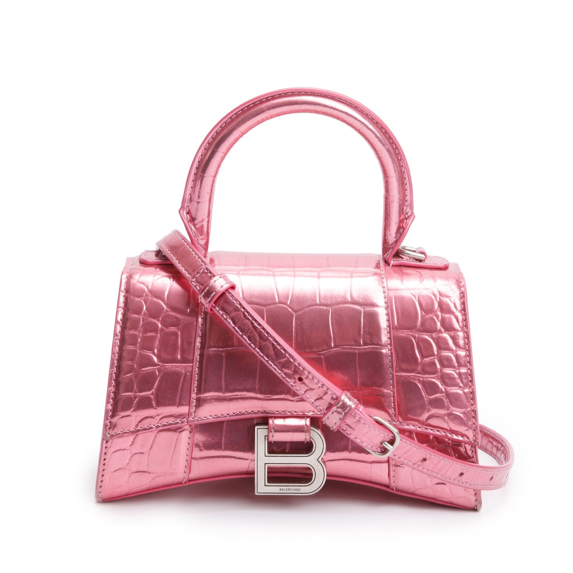 Balenciaga Metallic Croc Embossed Xs Hourglass Top Handle Pink Travel Bag