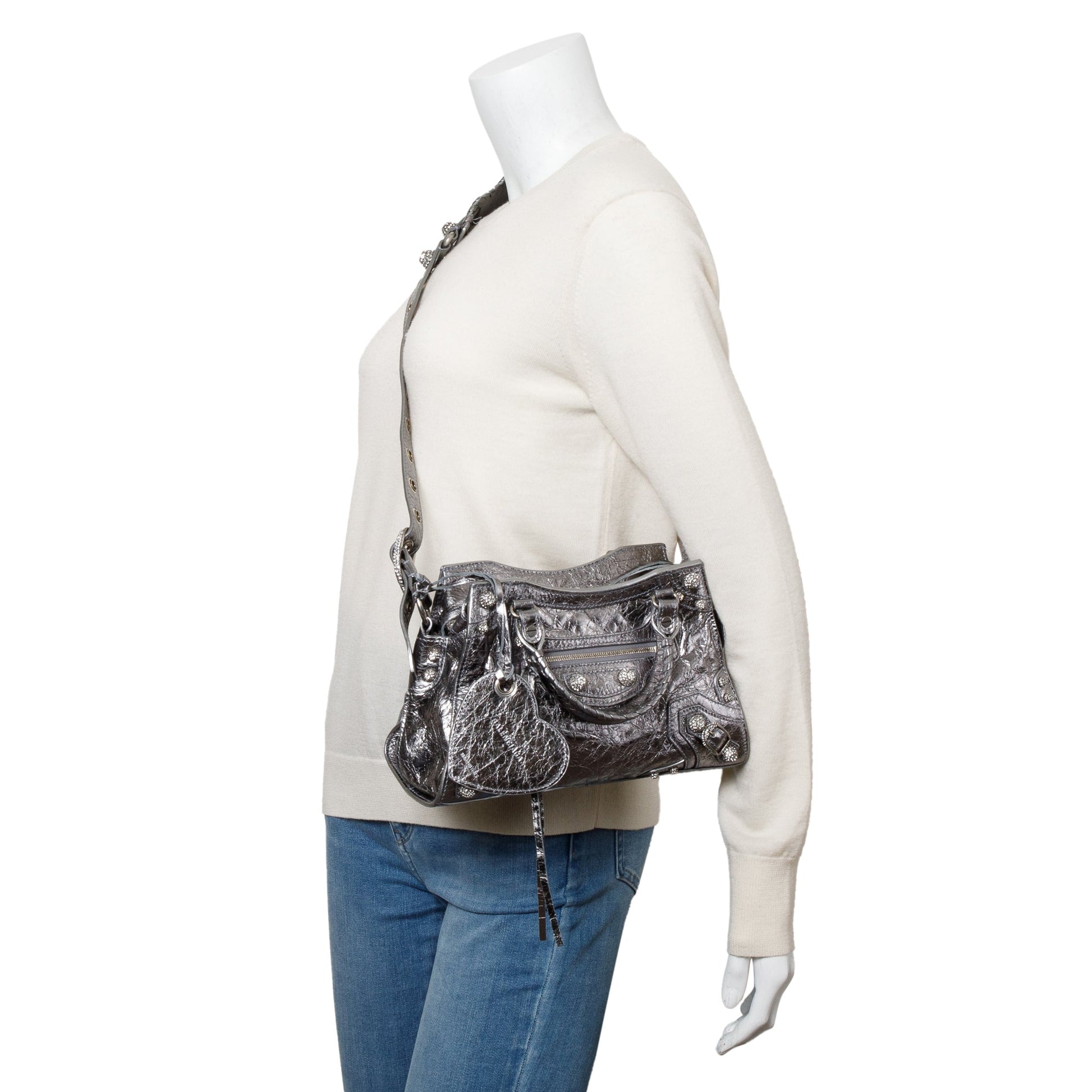 Balenciaga Metallic Arena Crystal Neo Cagole Xs City Leather Silver Travel Bag