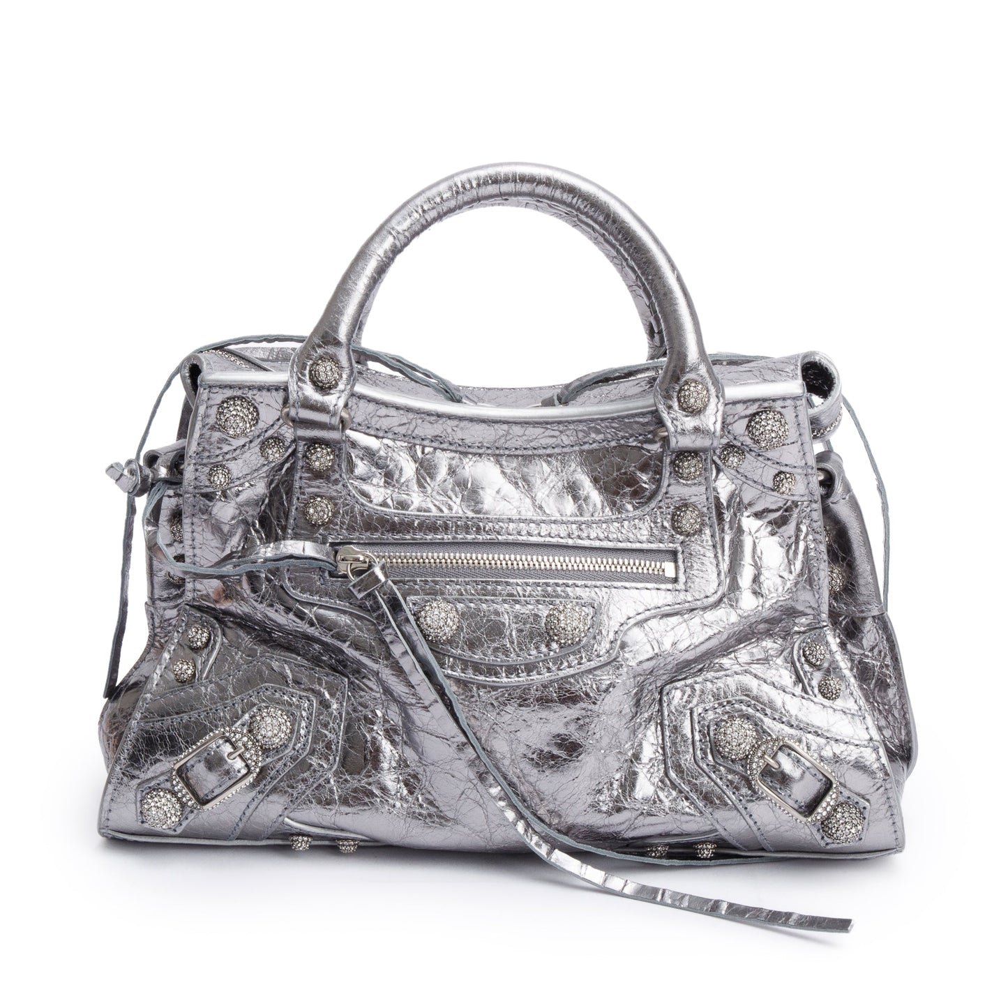 Balenciaga Metallic Arena Crystal Neo Cagole Xs City Leather Silver Travel Bag