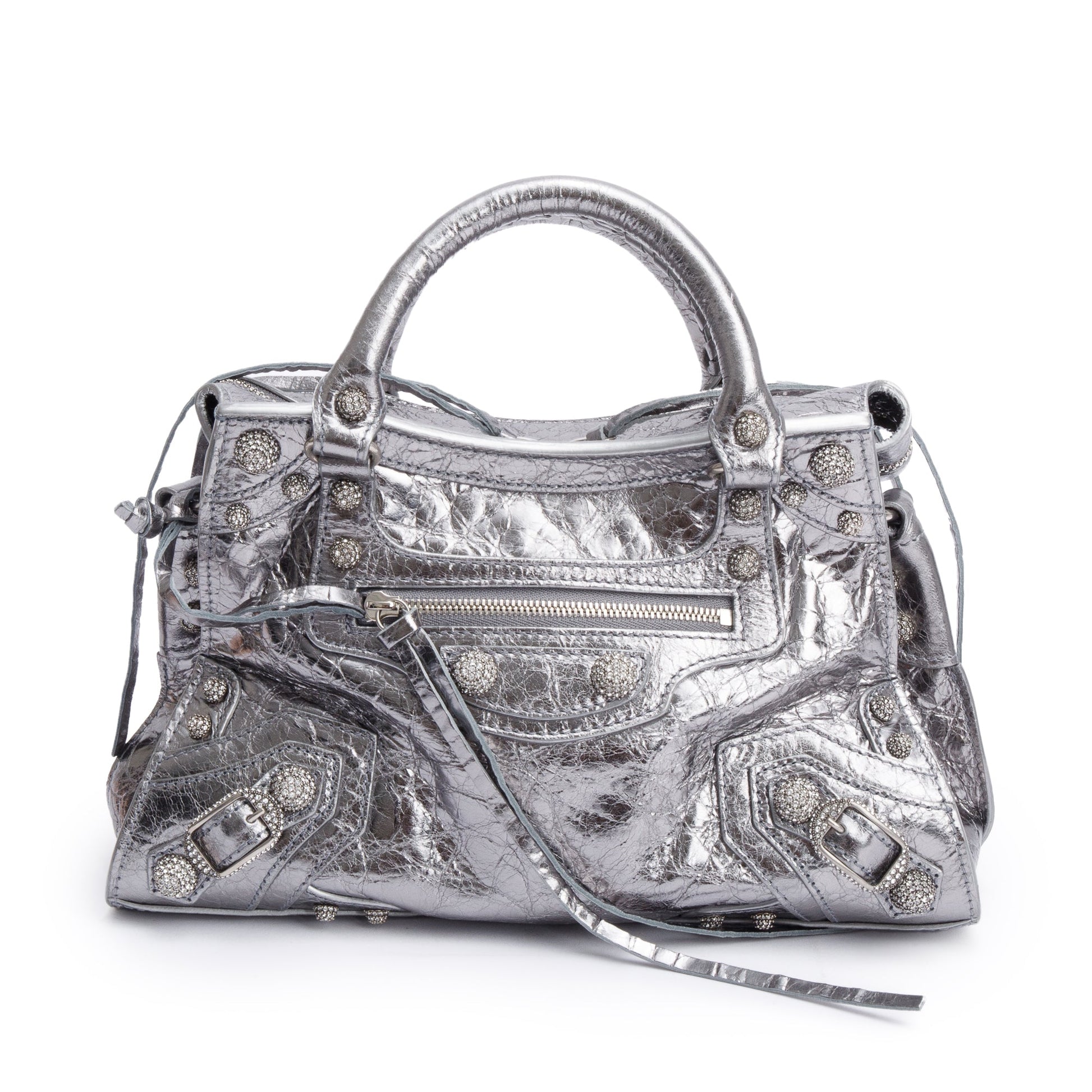 Balenciaga Metallic Arena Crystal Neo Cagole Xs City Leather Silver Travel Bag