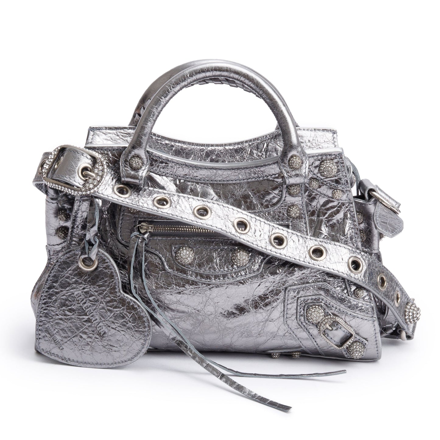 Balenciaga Metallic Arena Crystal Neo Cagole Xs City Leather Silver Travel Bag