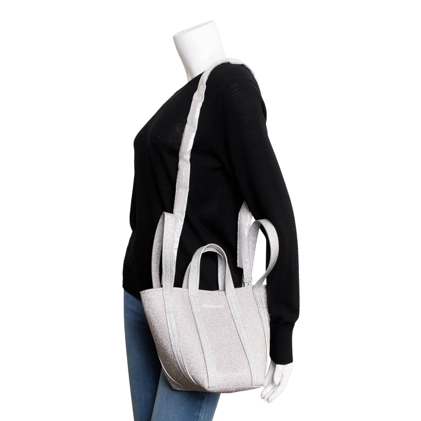 Balenciaga Sparkling Fabric Everyday Xs North South Tote Silver Tote Bag