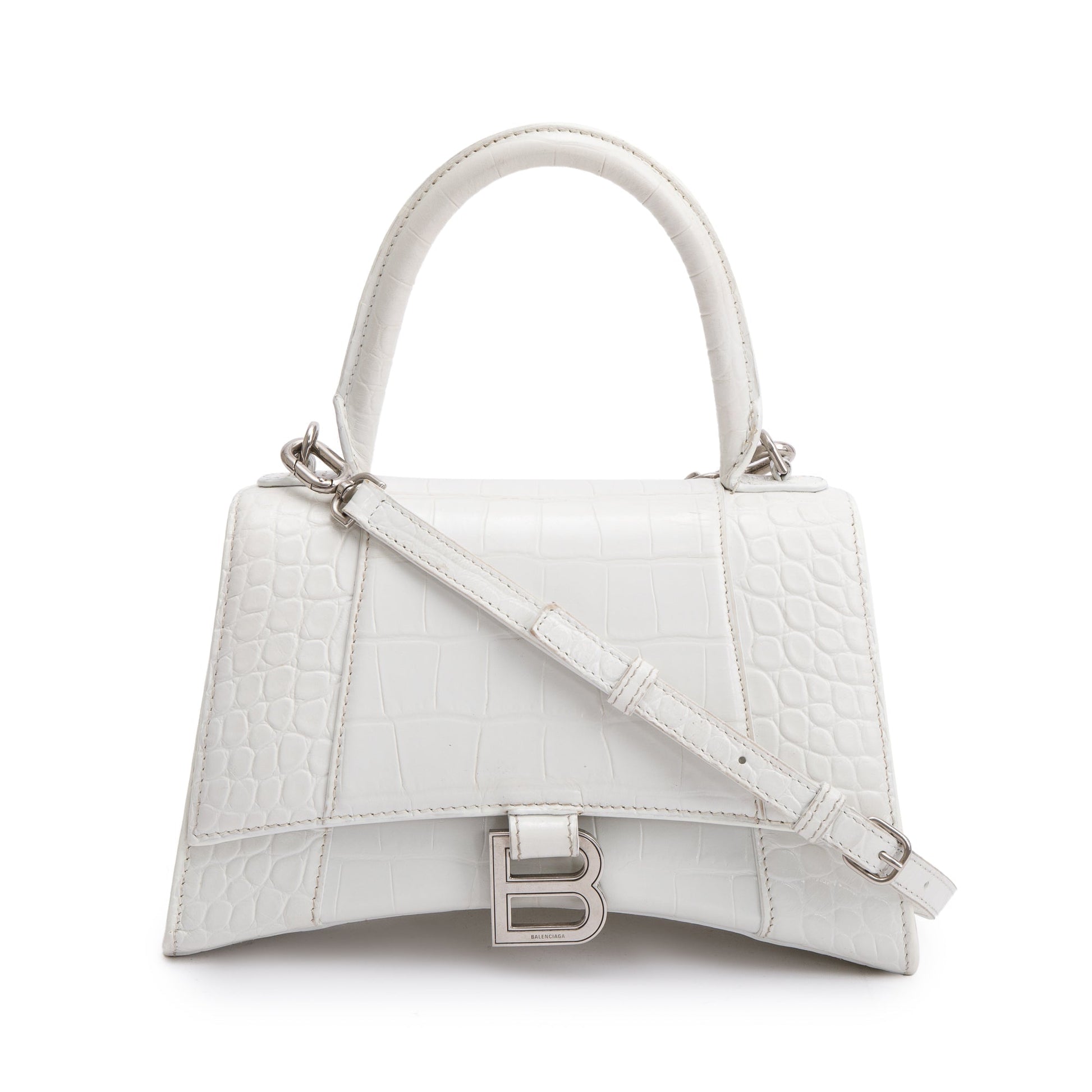 Balenciaga Croc Embossed Hourglass Top Handle Bag Leather White Travel Bag