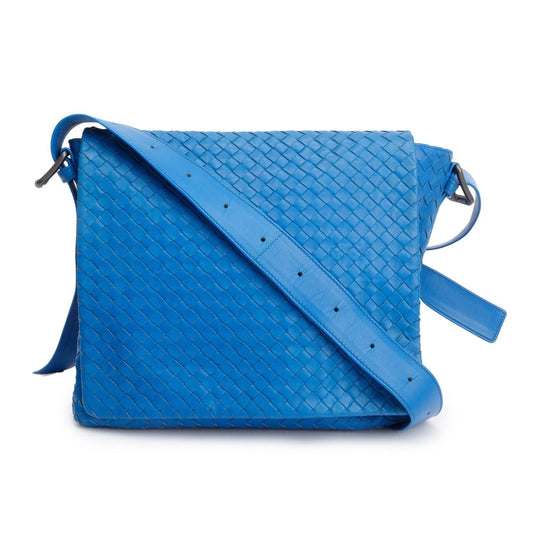 Bottega Veneta Intrecciato Cobble Messenger Bag Leather Blue Travel Bag
