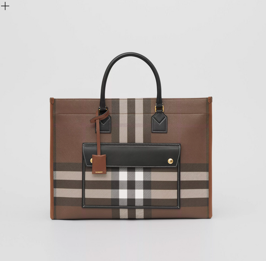 Burberry Freya Check Tote Leather Medium Tote Bag