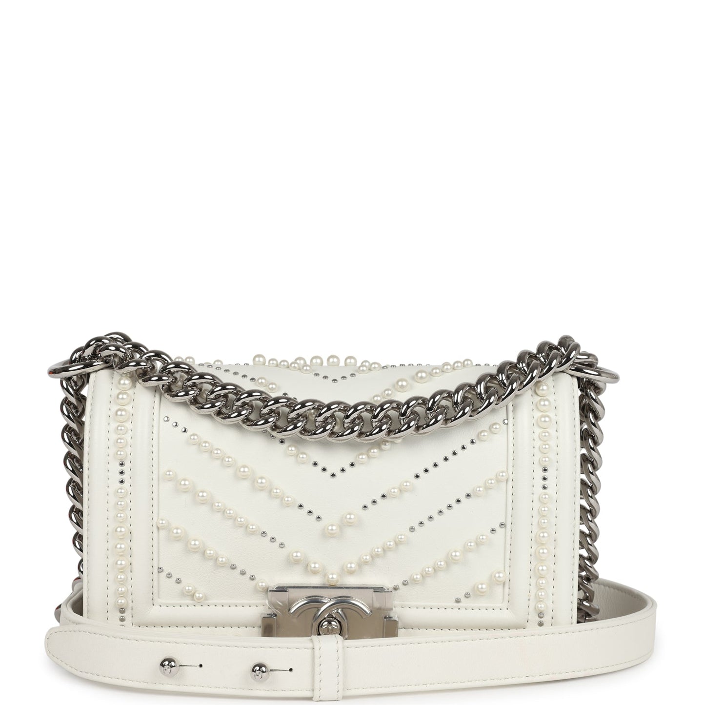Chanel Small Pearl Boy White Calfskin Silver Hardware Accessory