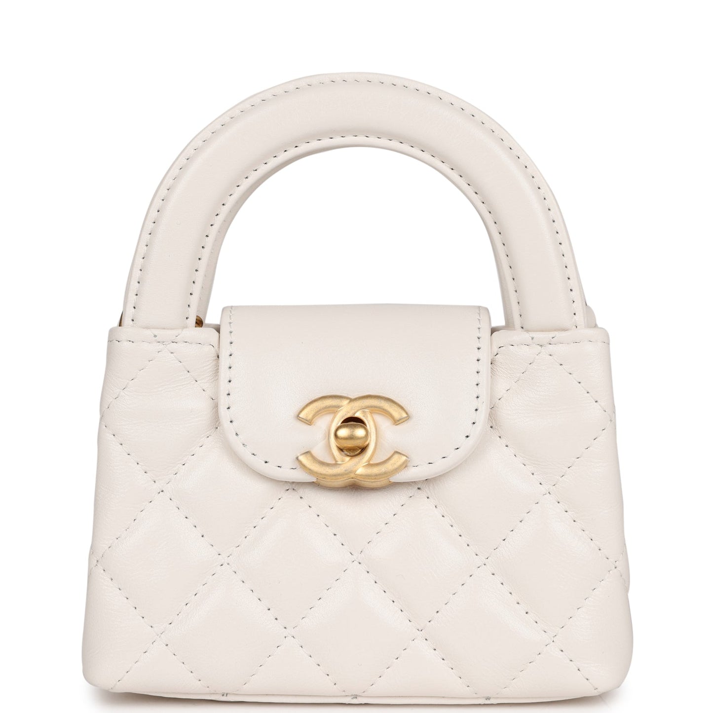 Chanel Nano Kelly Shopper White Shiny Aged Calfskin Brushed Gold Hardware Accessory