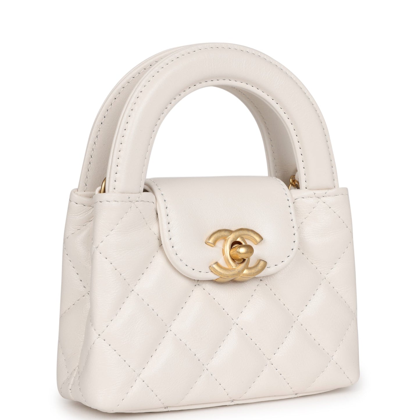 Chanel Nano Kelly Shopper White Shiny Aged Calfskin Brushed Gold Hardware Accessory
