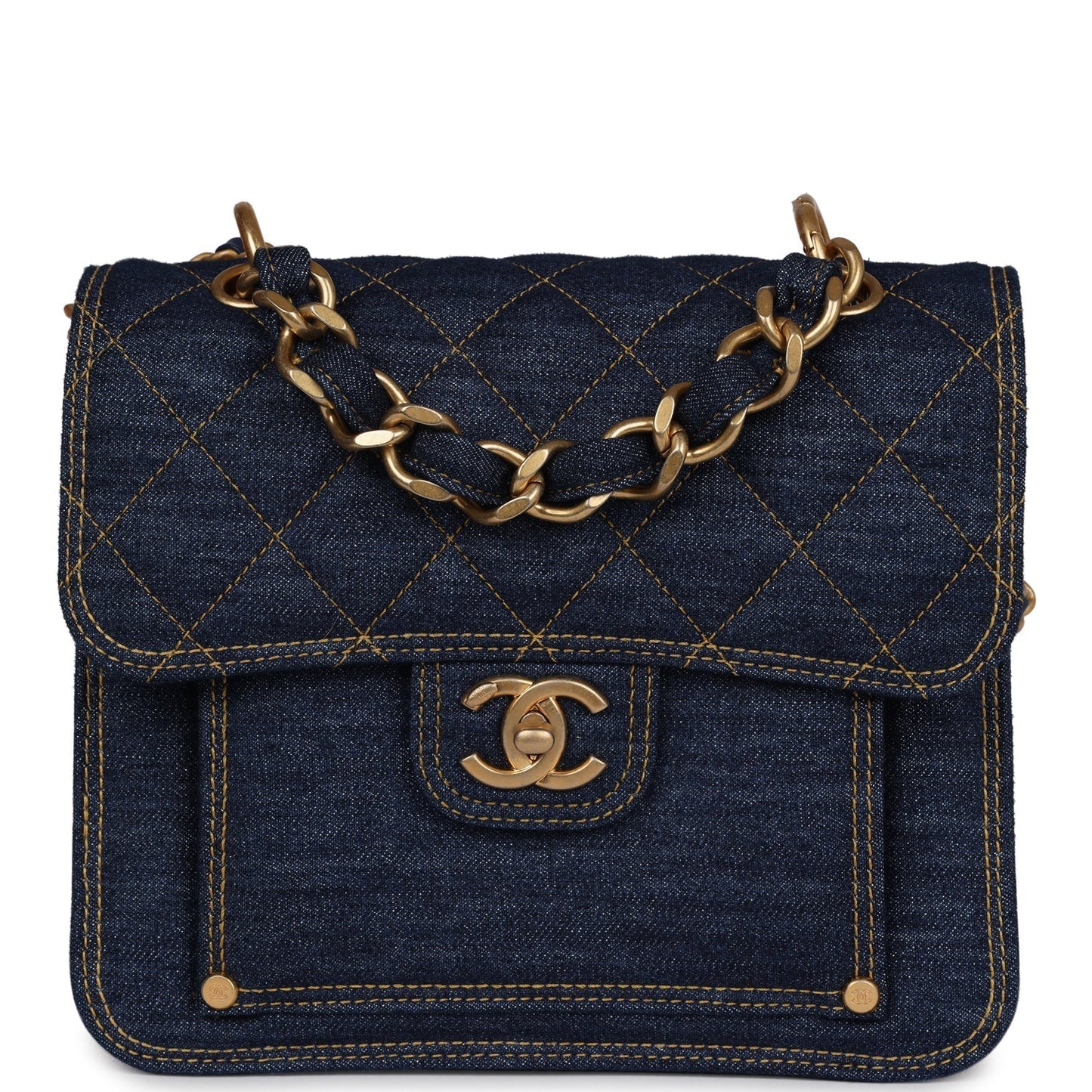 Chanel Square Flap Blue Denim Antique Gold Hardware Accessory